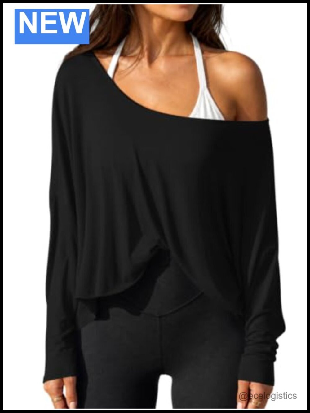 Off the Shoulder Batwing Long Sleeve Oversized Workout T Shirt Asymmetrical